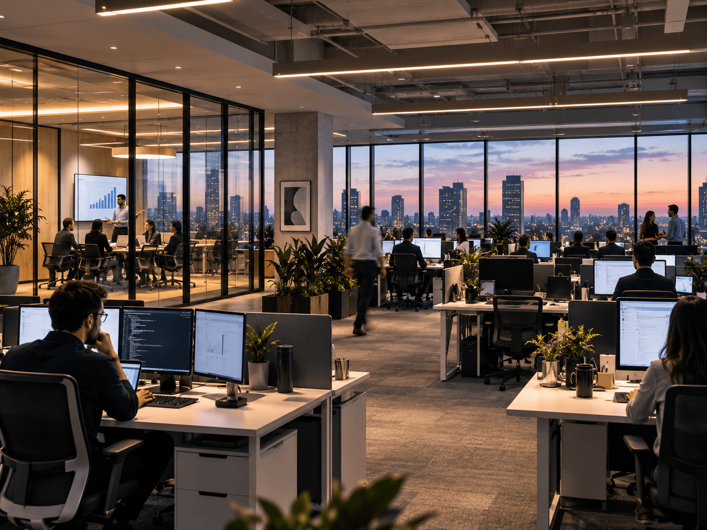 Professionals working at desks and meeting in a modern open-plan office at dusk.